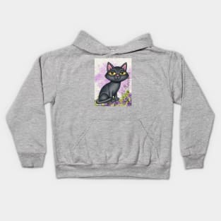 Cute black cat with purple background and flowers Kids Hoodie